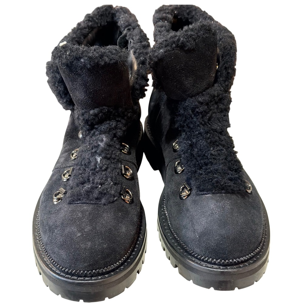 Aquatalia Suede Shearling Boots Womens 7.5 Black Italian Lug Sole Hiker Winter